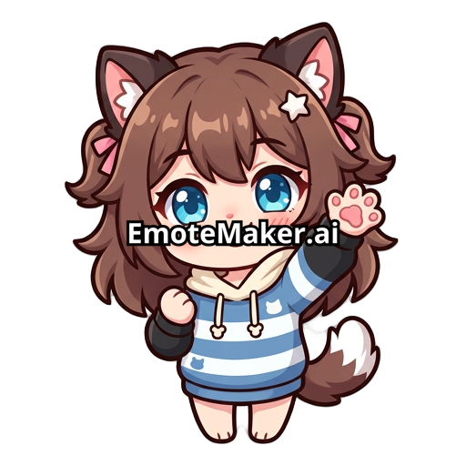 cute chibi cat girl with big sparkly blue eyes and brown hair, happy expression, waving