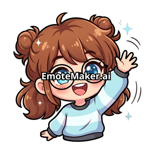 cute chibi girl with big sparkly blue eyes and brown hair, happy expression, waving with glasses