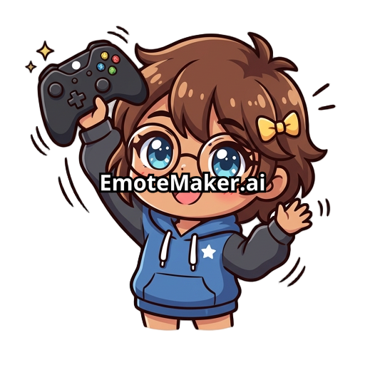 Cute chibi girl with big sparkly blue eyes, happy expression, waving a gaming controller, brown hair, glasses and tan skin