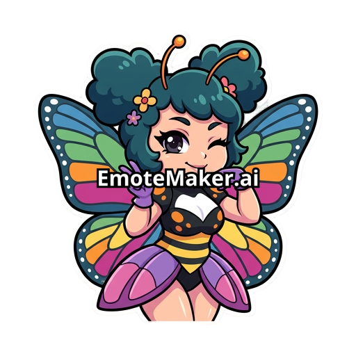 **“Emote de papillon kawaii sexy, mascotte cartoon inspirée d’un papillon avec une silhouette féminine attirante, poitrine généreuse, taille marquée et belles hanches larges, grandes ailes élégantes et colorées, corps fin avec détails noirs et pastel, grands yeux brillants avec longs cils, regard charmeur et malicieux, légère pose aguicheuse mais cute, petites antennes fines, ombrage doux, contours épais et propres, style anime/chibi, couleurs vibrantes et touches pastel, style s