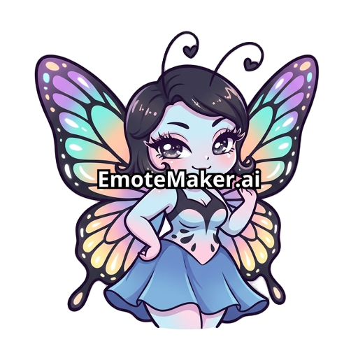 “Emote de papillon kawaii, mascotte cartoon inspirée d’un papillon avec une silhouette féminine attirante, poitrine généreuse, taille marquée et belles hanches larges, grandes ailes élégantes et colorées, corps fin avec détails noirs et pastel, grands yeux brillants avec longs cils, regard charmeur et malicieux, légère pose aguicheuse mais cute, petites antennes fines, ombrage doux, contours épais et propres, style anime/chibi, couleurs vibrantes et touches pastel, style s
