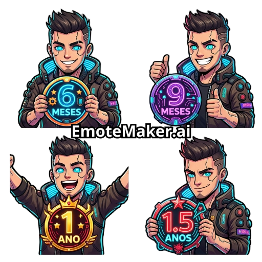 queria criar distintivos de 6 meses,9,1 ano e 1,5 ano usando o personagem V de cyberpunk em cartoon segurando os distintivos