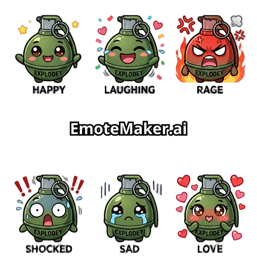 Create anime chibi Twitch emotes using a grenade mascot as the main character. The character must be a cute stylized grenade, not a human. The grenade should have a round body, pin and lever on top, big expressive anime eyes, a small cute mouth, tiny arms, and a compact chibi look. Make it adorable, funny, and easy to recognize in small emote size. Keep the same base character in every emote and only change the expression and pose. Create reactions like happy, laughing, rage, shocked, sad, love,