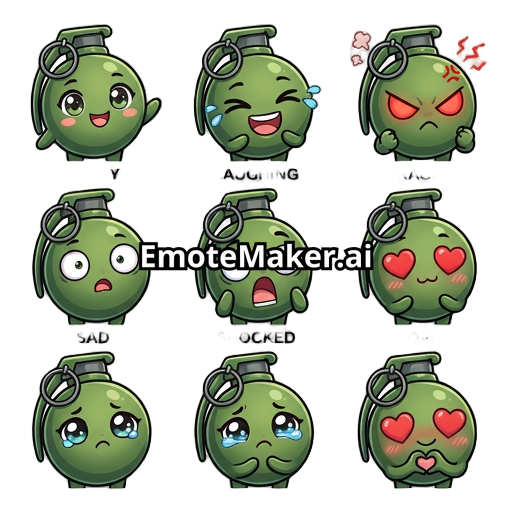 Create anime chibi Twitch emotes using a grenade mascot as the main character. The character must be a cute stylized grenade, not a human. The grenade should have a round body, pin and lever on top, big expressive anime eyes, a small cute mouth, tiny arms, and a compact chibi look. Make it adorable, funny, and easy to recognize in small emote size. Keep the same base character in every emote and only change the expression and pose. Create reactions like happy, laughing, rage, shocked, sad, love,