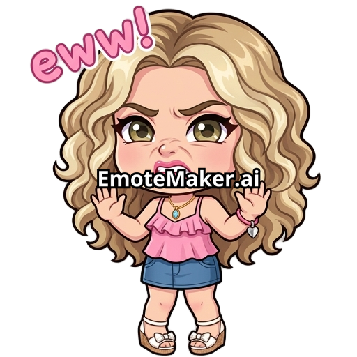 i want her to have princess curls, and the color to be neutral blonde hair with light blonde and dark blonde, green/hazel eyes, pink glossy lips, a pink ruffle spaghetti strap tank top, a denim miniskirt, and white cork wedges with a bow at the open toe part, a golden necklace with an opal birthstone and a pink bracelet on the right arm with a half of a silver heart, and i want her to be 1. making a disgusted face with “eww!” in pink bubbles above her head, and her hands up
