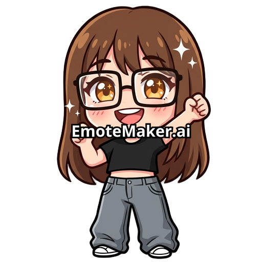 Young gril with straight brown hair, amber eyes, big square glasses,grey baggy jean and black crop top.