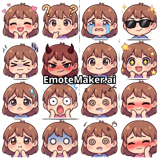 a collection of twelve illustrations of a character. Each square shows the character expressing a different emotion against a white background. The top row includes happy with eyes closed and smiling, confused with question marks, crying with tears streaming down, and cool with sunglasses and sparkles around the face. The second row shows nervous or anxious with dark stress lines, mischievous or angry with devil horns, cheerful with a small smile, and