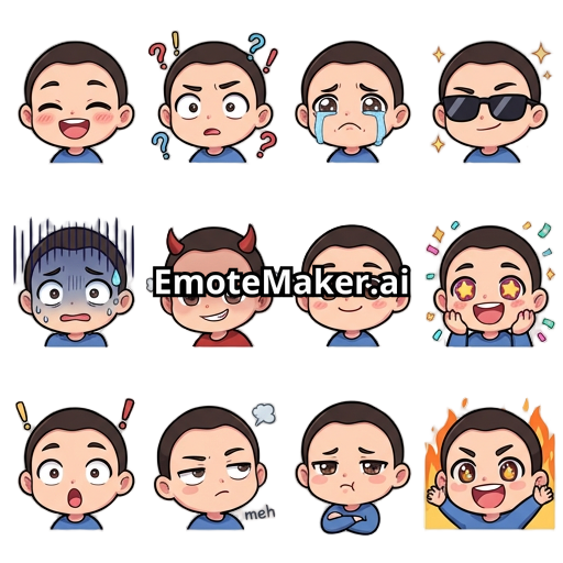 a collection of twelve chibi-style illustrations of a character. Each square shows the character expressing a different emotion against a white background. The top row includes happy with eyes closed and smiling, confused with question marks, crying with tears streaming down, and cool with sunglasses and sparkles around the face. The second row shows nervous or anxious with dark stress lines, mischievous or angry with devil horns, cheerful with a small smile, and overjoyed holding