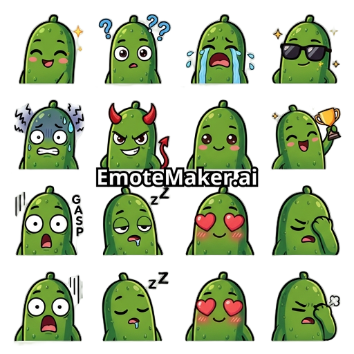 a collection of twelve chibi-style illustrations of a pickle character. Each square shows the character expressing a different emotion against a white background. The top row includes happy with eyes closed and smiling, confused with question marks, crying with tears streaming down, and cool with sunglasses and sparkles around the face. The second row shows nervous or anxious with dark stress lines, mischievous or angry with devil horns, cheerful with a small smile, and overjoyed holding
