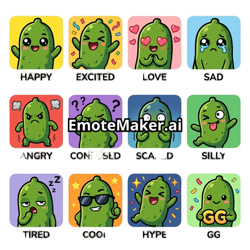 a collection of twelve cute chibi-style illustrations of a pickle character. Each square shows the character expressing a different emotion against a transparent background.