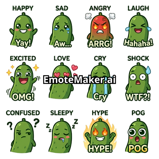 pickle character with 12 various emoji reaction with no background for discord