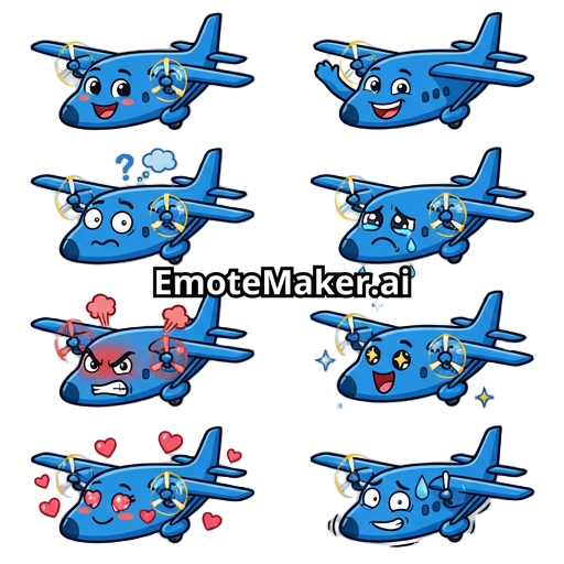 I need blue emotes showing a shorts 360 aircraft with a cartoon style face showing the following things