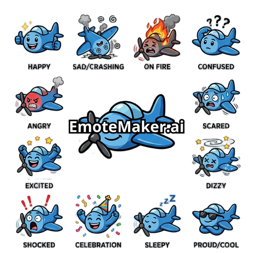 I need blue shorts 360 aircraft with semi cartoon face showing happy, crashing, on fire, confused and other similar emotions
