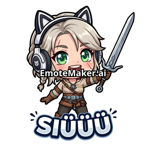 I want you to draw Ciri from The Witcher with a sword in her hand, with siüüü written underneath, and maybe headphones on her head.