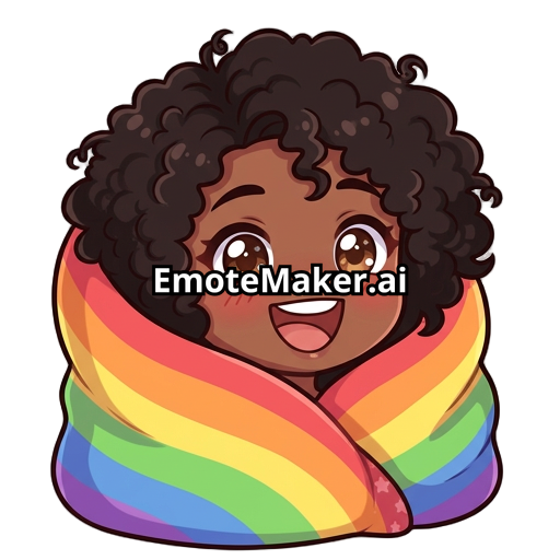 kawaii ebony girl with curly hair wrapped comfortably in a vibrant rainbow blanke