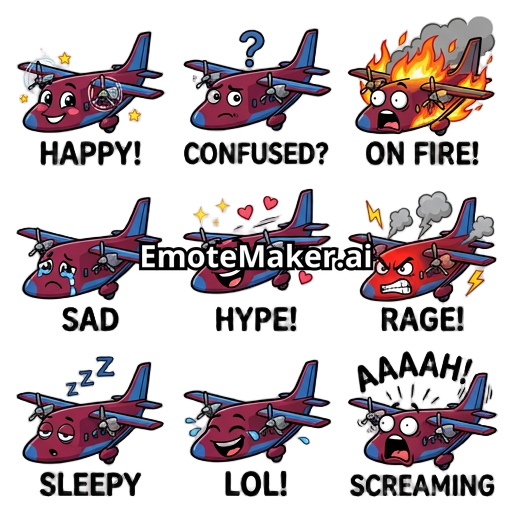 I need claret and blue aircraft shaped like the Shorts 360 aircraft with a cartoon face with a variety of facial expressions happy, on fire, confused, and anything else you can think of