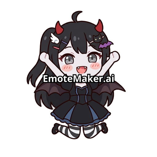 small pale vampire girl with long black hair, grey eyes, small red devil horns, small hair clips, small angel wing hair clip, cat hair clip, small bat wings, vampire fangs, black dress with blue accents, black and white striped tights black shoes