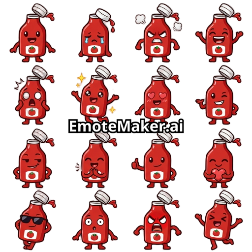 Anime chibi design of a red ketchup bottle with open bottle cap that is white. Styled as dank, funny and cool. No text on the bottle but just a small tomato icon on it. Face expressions of happy, sad, mad, laughing, shocked, excited, love, wink, smug, clap, thumbs up, heart