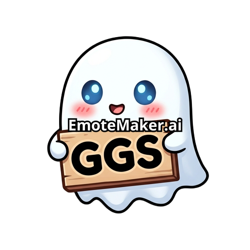 make me a super cute ghost emote holding a GGS sign being super easily to read. the ghost eyes are blue. can the ghost have some pink cheeks