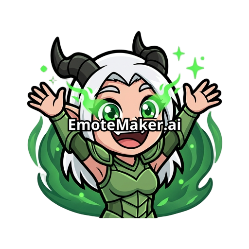 Female Dracthyr inspired by World of Warcraft, white hair, black horns, glowing green eyes, huge excited smile, arms raised in celebration, green magical sparks flying around, forest green energy aura, cartoon esports mascot style, thick black outlines, highly readable Twitch emote, transparent background, professional streamer branding, ultra clean vector art