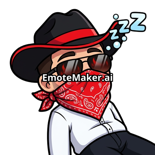 a resting man wearing are wearing a black cowboy hat with a prominent red band around the crown and a red brim edge. Large, dark sunglasses with a reflective surface obscure the eyes, but a faint red glow emanates from behind them, suggesting fiery or digital eyes.  A bright red bandana is knotted around the neck and pulled up to cover the nose and mouth, featuring a white paisley pattern. Beneath the bandana, a white collared shirt is visible, neatly tucked into what appears to be dark pants wi