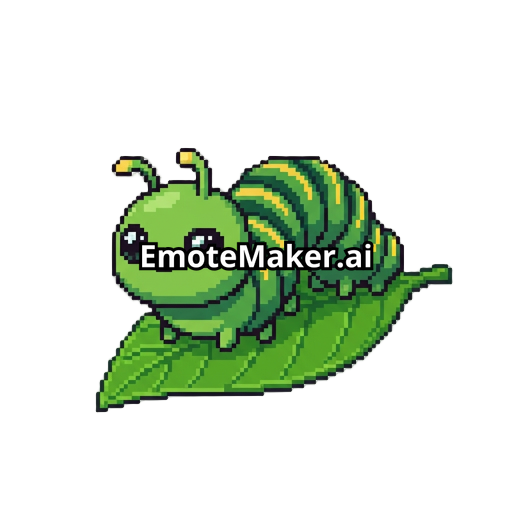 Pixel art, cute green caterpillar, segmented round body, small yellow stripes, tiny legs, big shiny black eyes, small smile, crawling on a green leaf, simple background, bright daylight colors, 16-bit retro game style, clean pixel outlines, sharp 64x64 pixels, isolated character design, flat shading, chibi style --ar 1:1