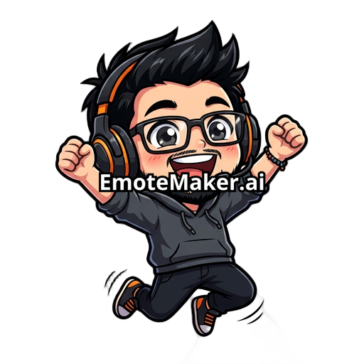 Male gamer with headphones, black hair, black glasses, happy, black beard