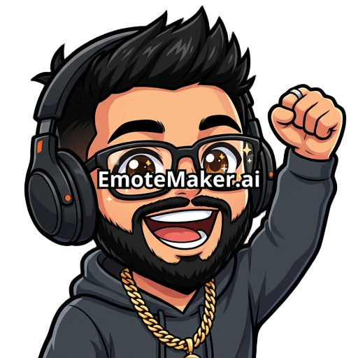 Male gamer, headphones, black hair, black glasses, black beard, happy, gold cuban necklace, silver ring on pointer finger, brown eyes, fit