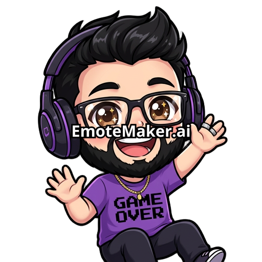 Male gamer, headphones, black messy quiff hairstyle, black glasses, black beard, happy, thin gold cuban necklace, silver ring on pointer finger, brown eyes, fit, purple shirt with black Game Over text in pixel font