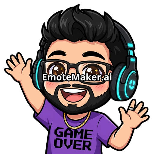Male gamer, headphones with cyan details, black messy quiff hairstyle, black glasses, black beard, happy, thin gold cuban chain, silver ring on pointer finger, brown eyes, fit, purple shirt with black Game Over text in pixel font