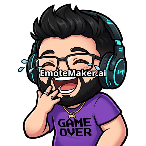 Male gamer, headphones with cyan details, black messy quiff hairstyle, black glasses, black beard, happy, thin gold cuban chain, silver ring on pointer finger, brown eyes, fit, purple shirt with black Game Over text in pixel font