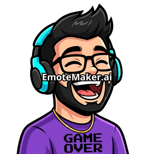 Male gamer, headphones with cyan details, black messy quiff hairstyle, black glasses, black beard, happy, thin gold cuban chain, dark brown eyes, fit, purple shirt with black Game Over text in pixel font