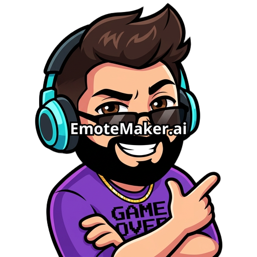 Male gamer, headphones with cyan details, black messy quiff hairstyle, black glasses, black beard, happy, thin gold cuban chain, dark brown eyes, fit, purple shirt with black Game Over text in pixel font