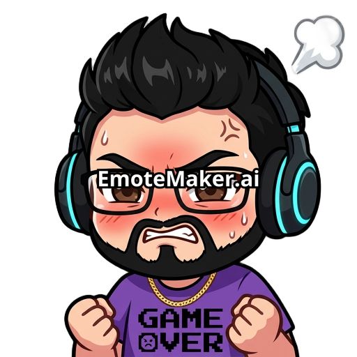 Male gamer, headphones with cyan details, black messy quiff hairstyle, black glasses, black beard, happy, thin gold cuban chain, dark brown eyes, fit, purple shirt with black Game Over text in pixel font