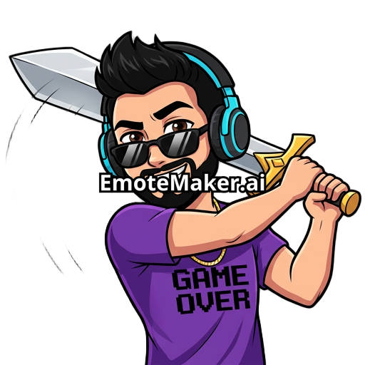 Male gamer, headphones with cyan details, black messy quiff hairstyle, black glasses, black beard, happy, thin gold cuban chain, dark brown eyes, fit, purple shirt with black Game Over text in pixel font, swinging Excalibur sword