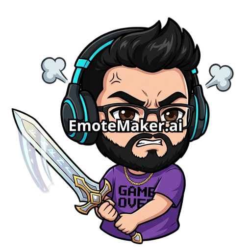 Male gamer, headphones with cyan details, black messy quiff hairstyle, black glasses, black beard, happy, thin gold cuban chain, dark brown eyes, fit, purple shirt with black Game Over text in pixel font, swinging Excalibur sword, focused