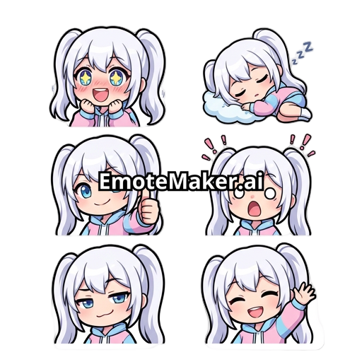 A collection of 6 distinct chibi emoji stickers of an anime girl. She has white hair in high twintails, big blue eyes, and wears a pastel pink and blue streetwear jacket. Each emoji shows a different emotion: starry-eyed excitement, cozy sleeping, a thumbs-up, a shocked face, a smug smile, and a waving hello. Chibi style, thick outlines, bold colors, white background, sticker sheet format.