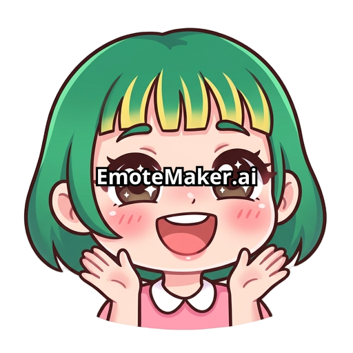 Dark brown eyes, hair are short emerald greeb bob with micro bangs. Bangs have yellow in them.