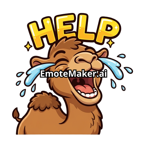 Create a Twitch emote in a cute, expressive cartoon style featuring a camel laughing hysterically with giant tears of laughter streaming down its face. The camel should have its mouth wide open, squinted eyes, and an exaggerated, goofy expression. It is shouting HELP in large, bold comic-style text above or below its head. Use thick outlines, bright colors, and simple shapes so the emote remains clear at Twitch sizes (28×28, 56×56, and 112×112). The background should be transparent, and the de