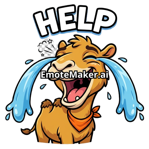 Create a Twitch emote in a cute, expressive cartoon style featuring a camel laughing hysterically with giant tears of laughter streaming down its face. The camel should have its mouth wide open, squinted eyes, and an exaggerated, goofy expression. It is shouting HELP in large, bold comic-style text above or below its head. Use thick outlines, bright colors, and simple shapes so the emote remains clear at Twitch sizes (28×28, 56×56, and 112×112). The background should be transparent, and the de