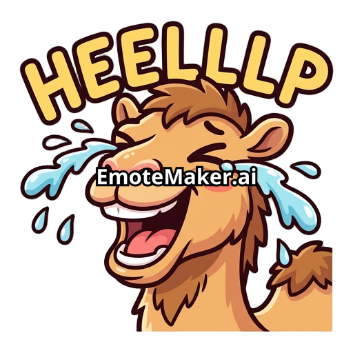 Create a Twitch emote in a cute, expressive cartoon style featuring a camel laughing hysterically with giant tears of laughter streaming down its face. The camel should have its mouth wide open, squinted eyes, and an exaggerated, goofy expression. It is shouting HEELLLLP in large, bold comic-style text above or below its head. Use thick outlines, bright colors, and simple shapes so the emote remains clear at Twitch sizes (28×28, 56×56, and 112×112). The background should be transparent