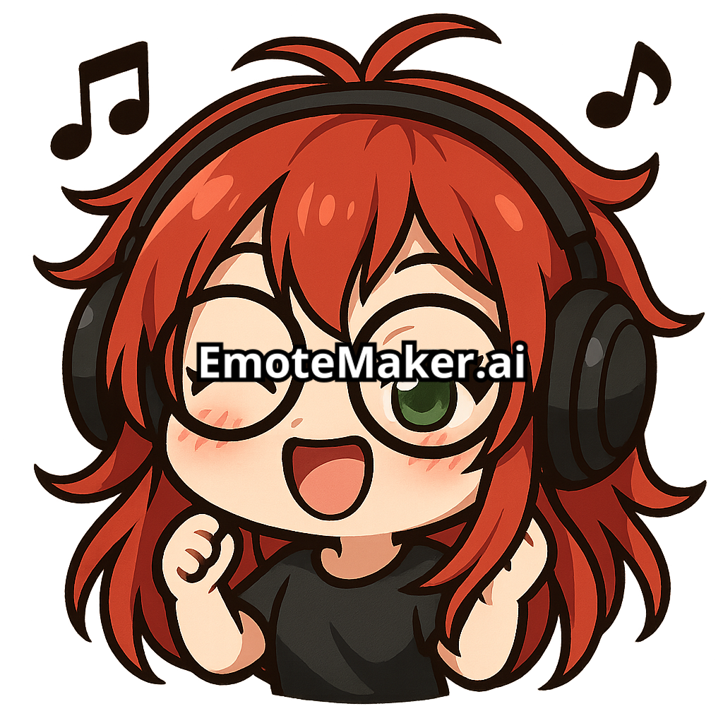 Chibi girl with long messy red hair, green eye, and black circle glasses wearing headphones and bopping to music