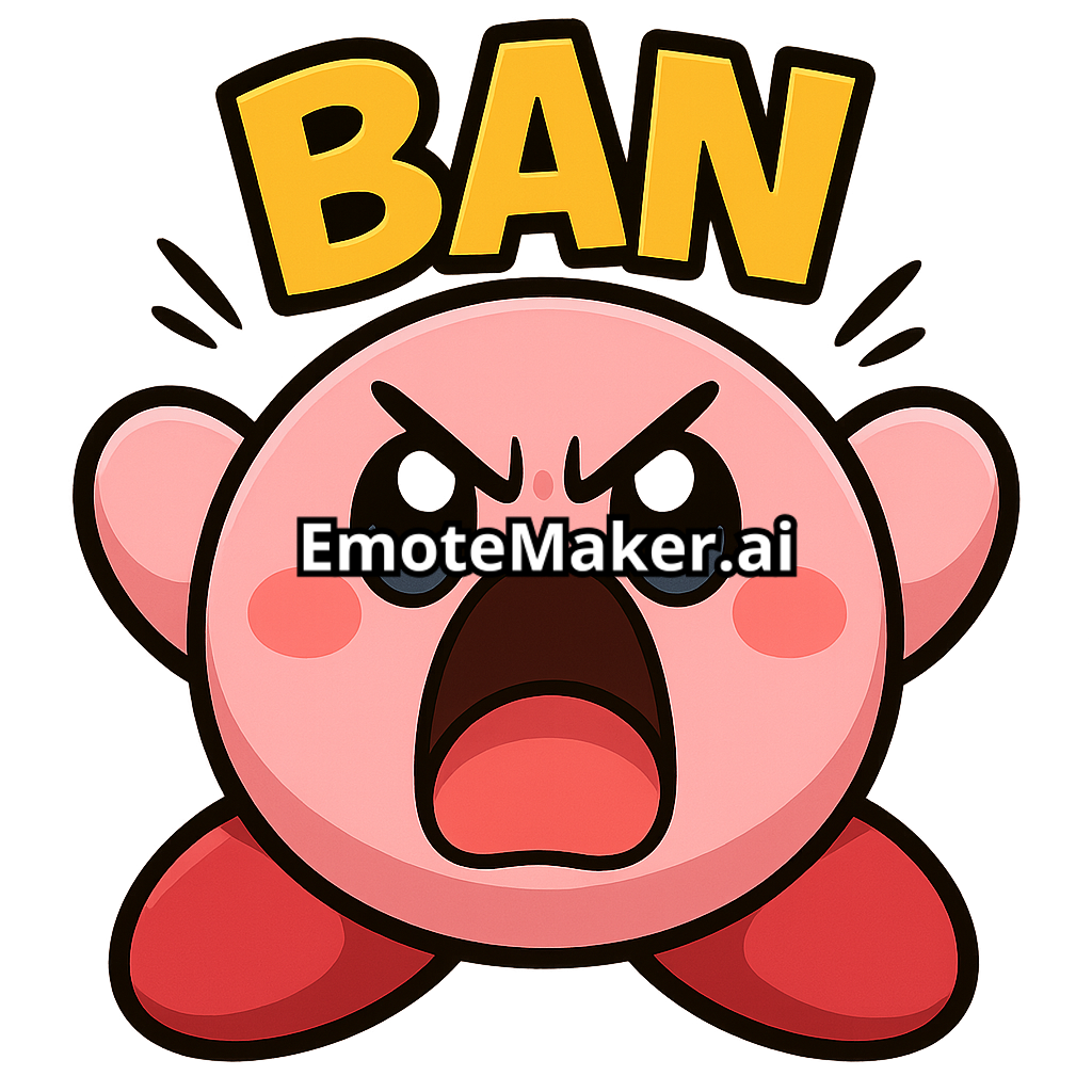 Kirby emote, angry, yelling BAN in text, readable
