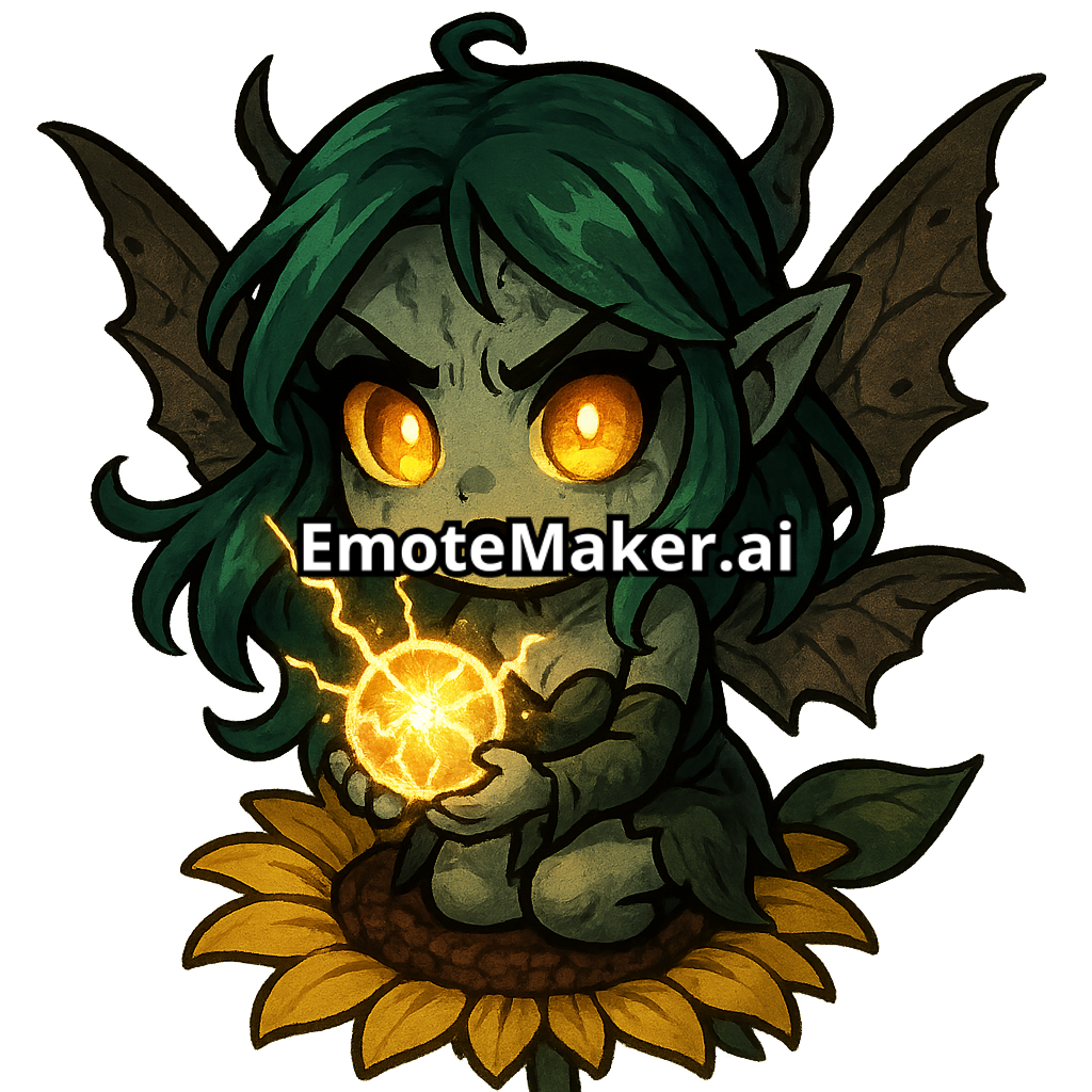 A mystical apocalypse fairy with emerald green hair and glowing amber eyes, perched on a blooming sunflower, holding a small glowing orb that emits sparks of electricity