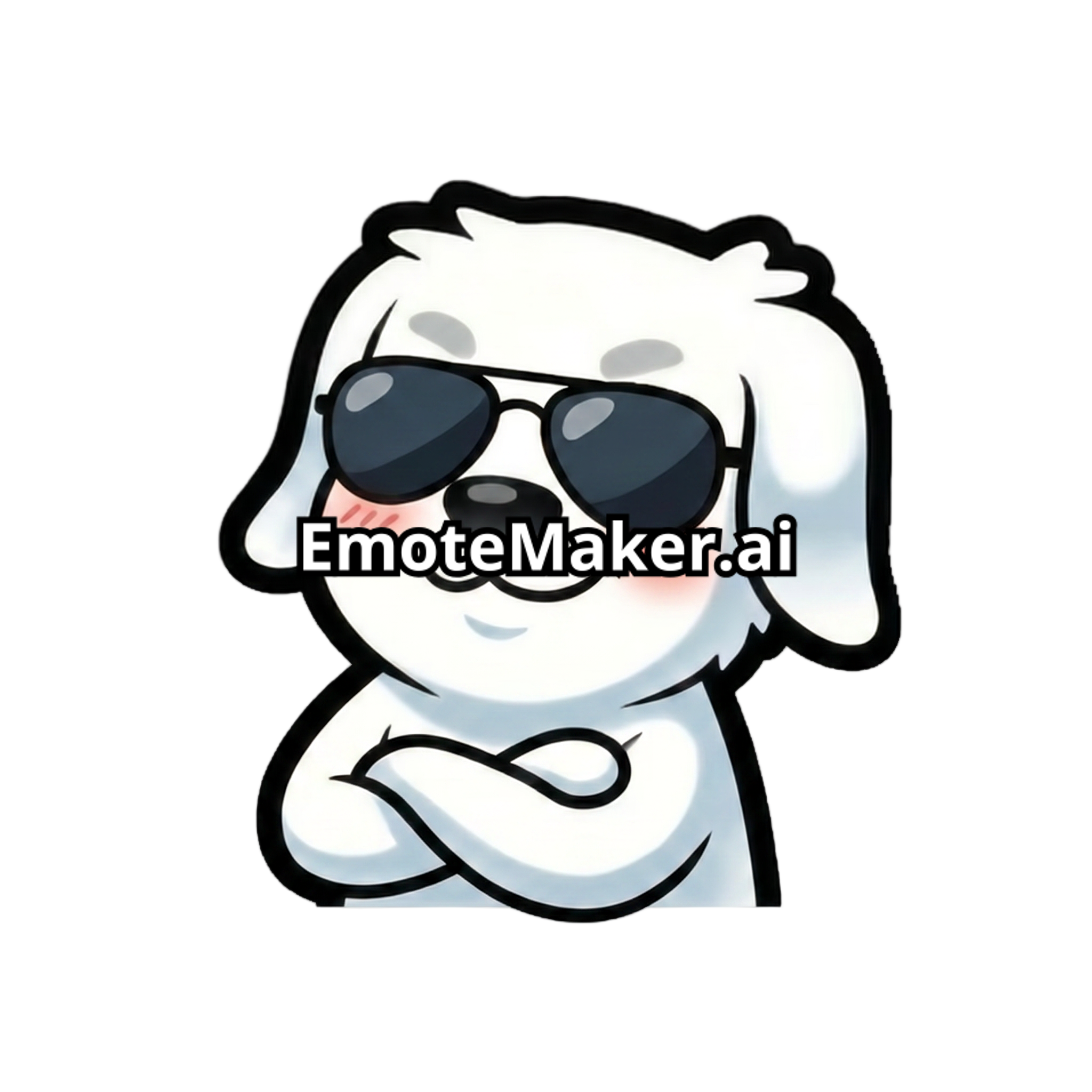 Change this emote's expression to cool and confident with sunglasses, a smirk, and a relaxed pose. Keep the exact same character design, outfit, colors, and art style.