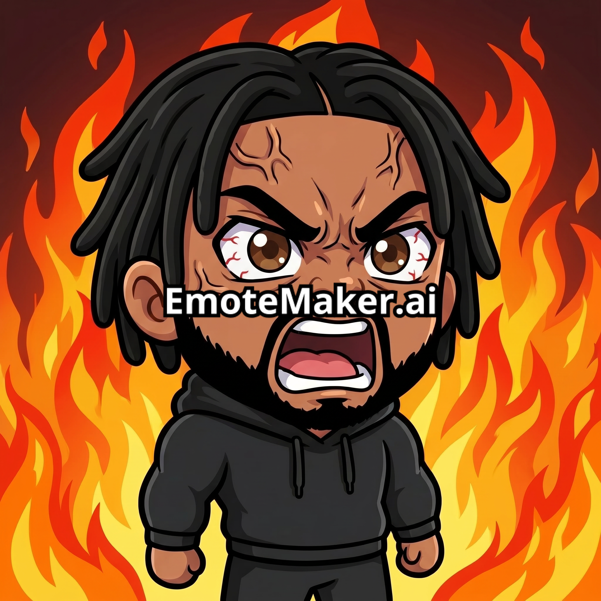 Change this emote's expression to furious rage with flames in the background, veins popping, and an intense scream. Keep the exact same character design, outfit, colors, and art style.
