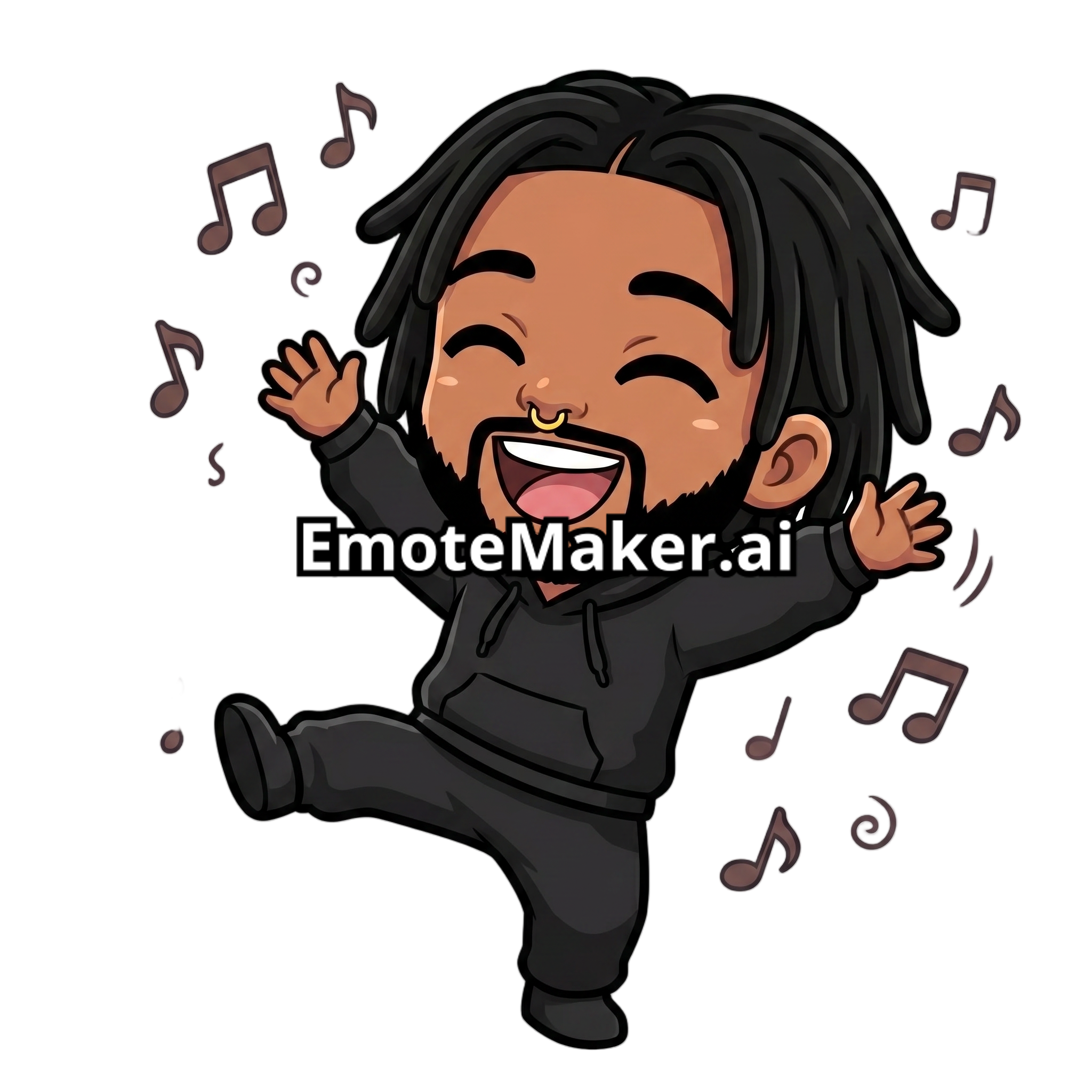 Change this emote to dancing joyfully with arms moving, one leg kicked up, musical notes floating around, and a huge happy grin. Keep the exact same character design, outfit, colors, and art style.