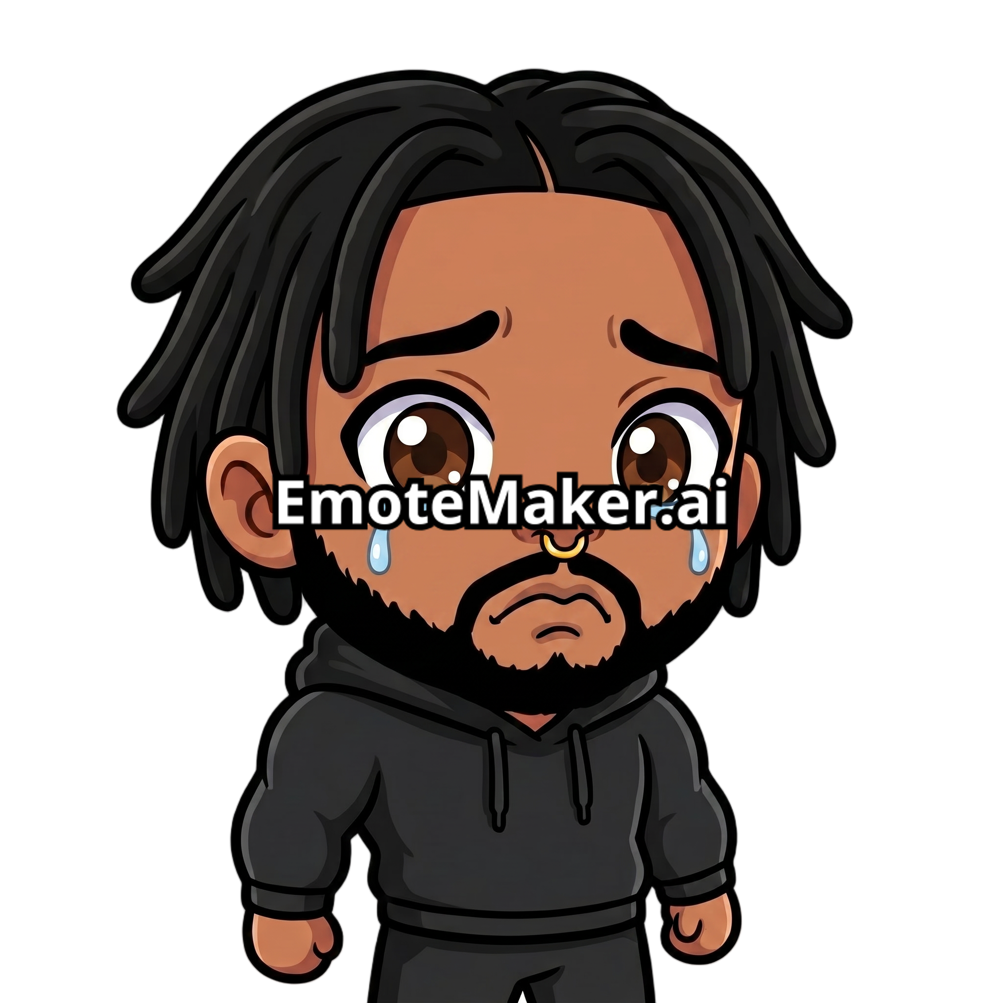 Change this emote's expression to sad with tears streaming down and a trembling frown. Keep the exact same character design, outfit, colors, and art style.