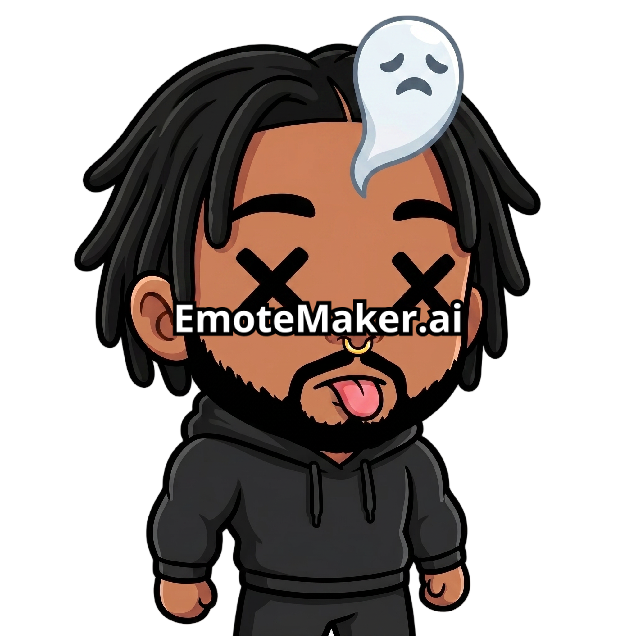 Change this emote to a defeated dead expression — X eyes, tongue out, ghost floating above head, completely knocked out. Keep the exact same character design, outfit, colors, and art style.