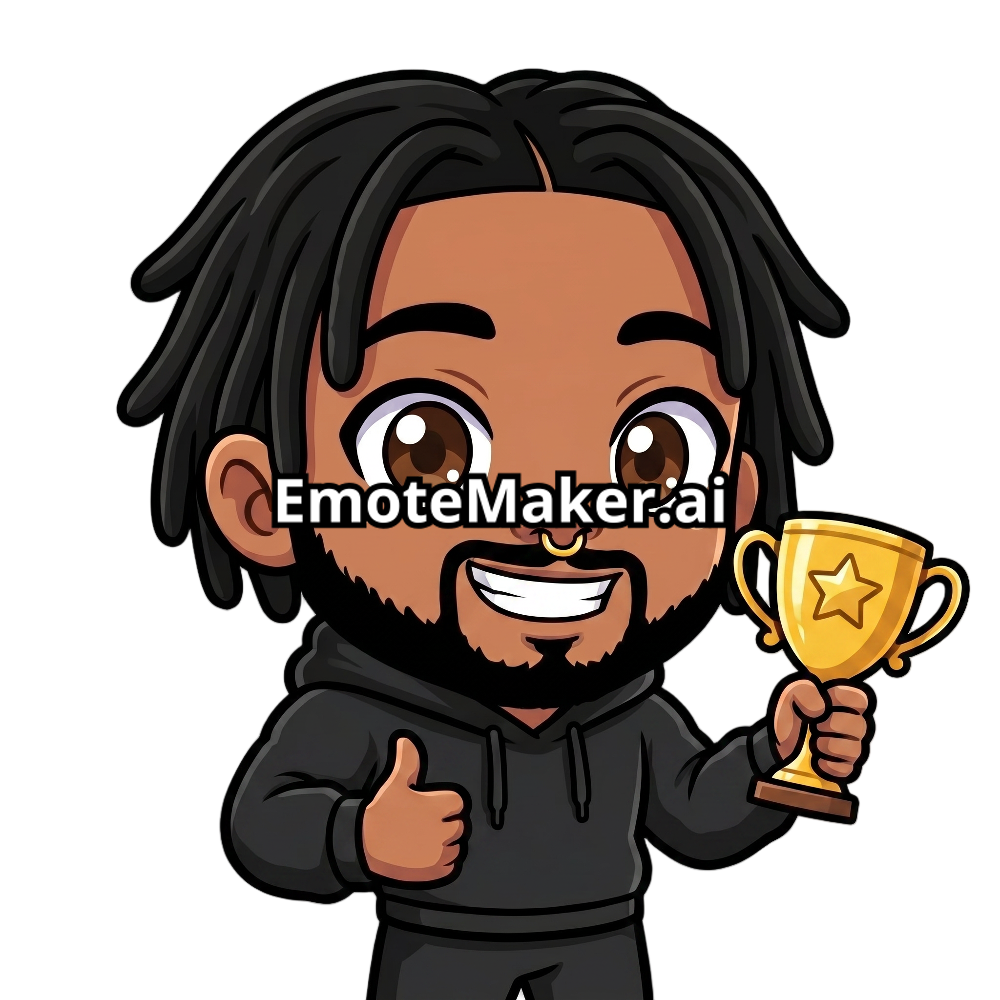 Change this emote's expression to victorious and proud, holding up a trophy or giving a thumbs up with a satisfied grin. Keep the exact same character design, outfit, colors, and art style.
